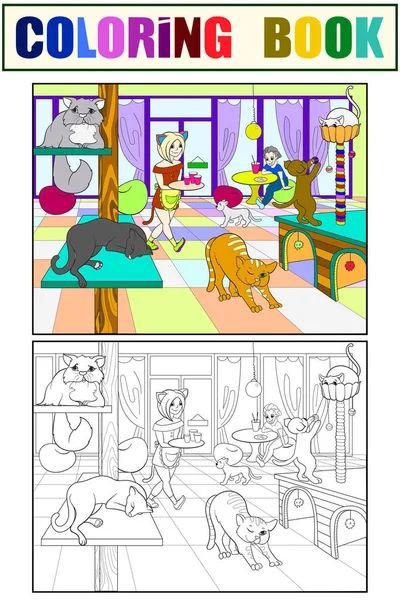 Hermoso interior de la cafetería gato moderno para las personas ilustración vector de dibujos animados — Vector de stock