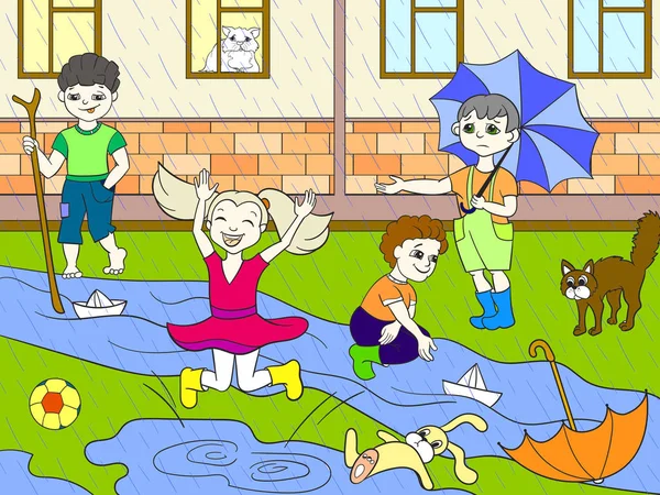 子供の色ベクトル子供たち雨の天気で遊んで — ストックベクタ