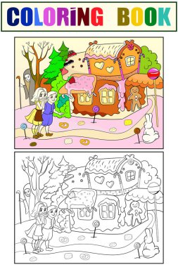 Childlike color vector story scene with pair of children eating some sweets near colorful cottage in deep forest vector