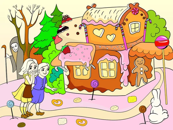 Kindliche Farb-Story-Szene mit zwei Kindern, die in der Nähe eines bunten Häuschens im tiefen Wald ein paar Süßigkeiten essen — Stockvektor