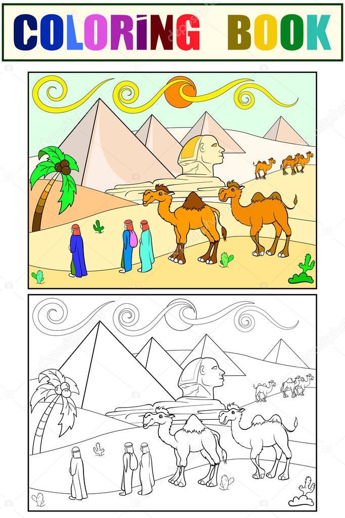 Children coloring vector landscape of Egypt with the pyramids