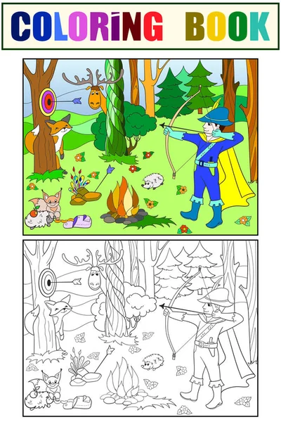 Дети цвета, белый и черный стрелки в лесу с животными — стоковый вектор
