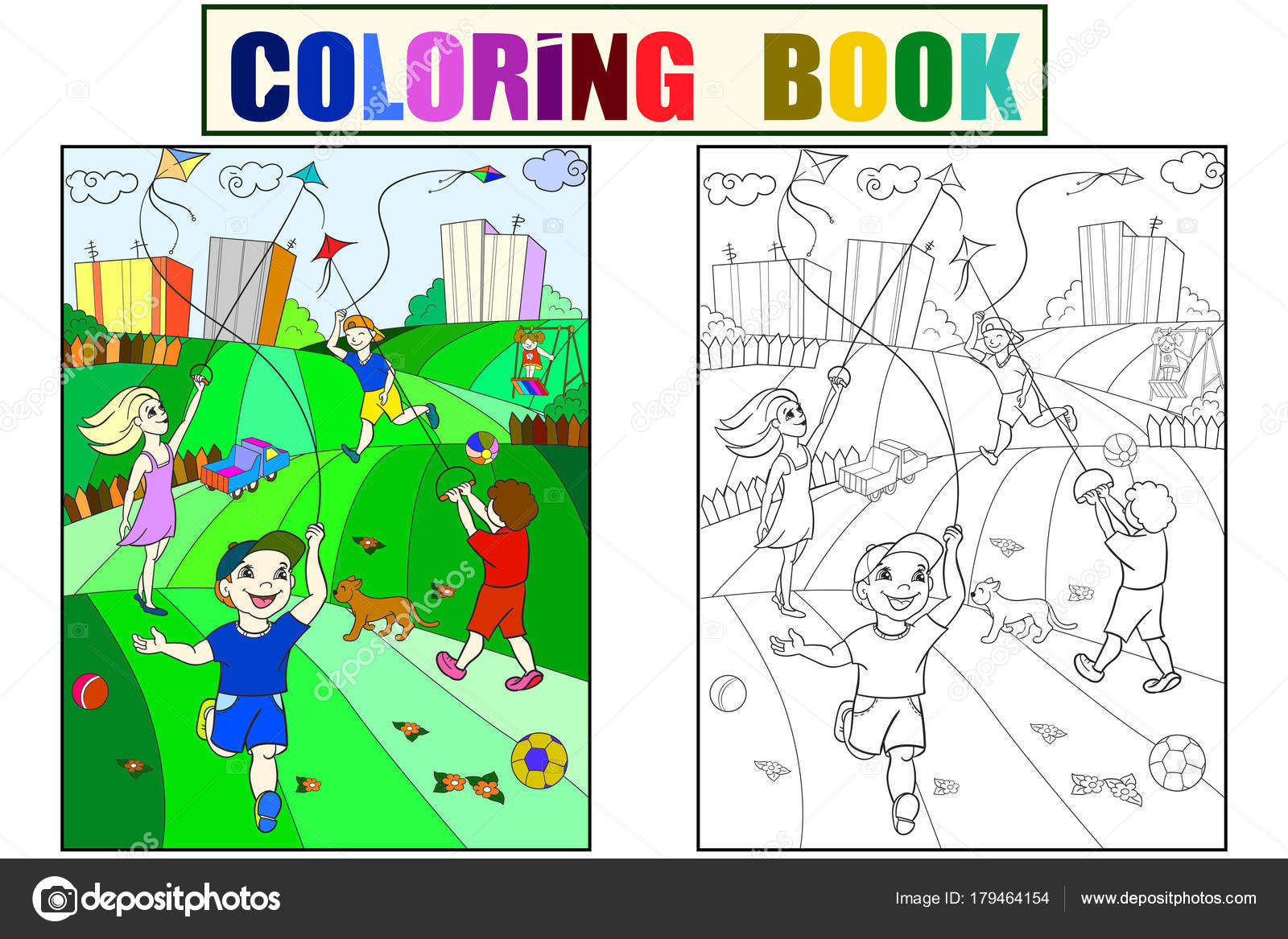 Children coloring, color, black and white game kite flying Stock Vector by  ©toricheks2016.gmail.com 179464154, image size:1600x1167