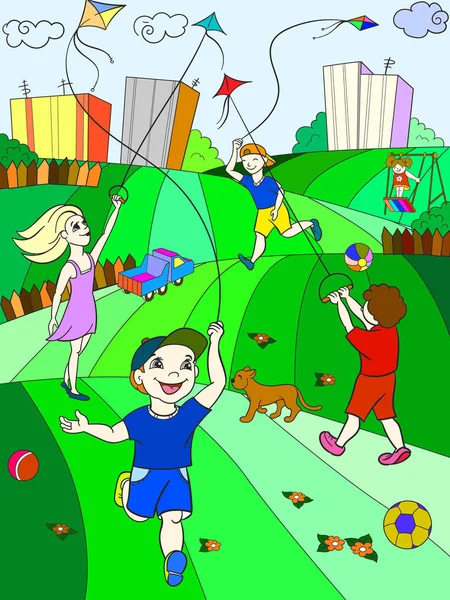 Enfants jeu de couleur cerf-volant volant — Image vectorielle