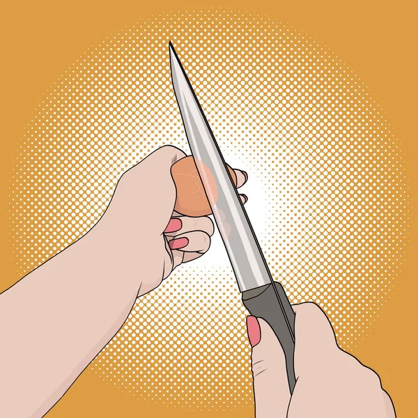 Pop art Female hands breaking an egg. Uses a knife vector — Stock Vector