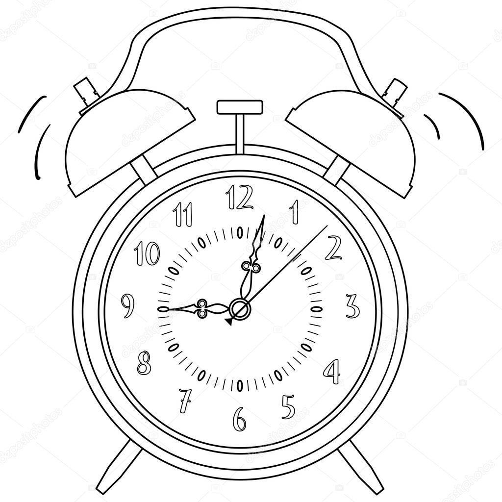 Coloring, black and white. Alarm clock vector illustration