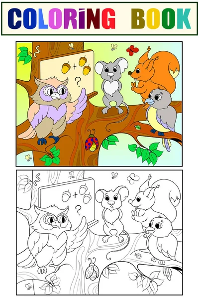 Lección en la escuela de un búho en el bosque para colorear y libro de color para niños ilustración vectorial de dibujos animados — Vector de stock