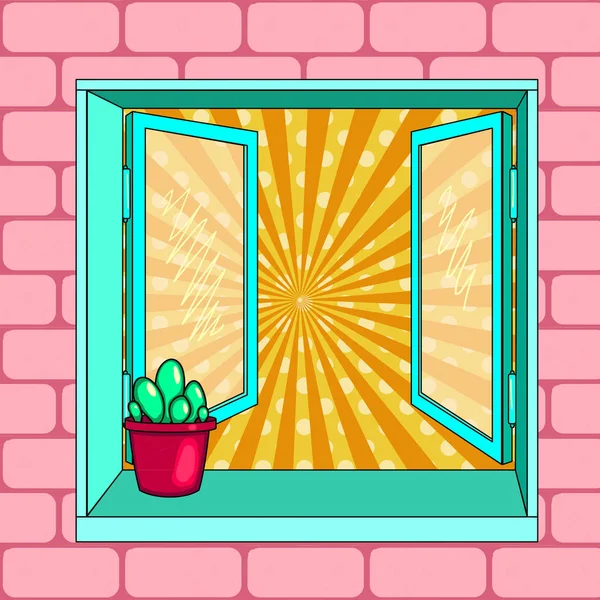 Abre la ventana, cactus. Pop art vector — Vector de stock