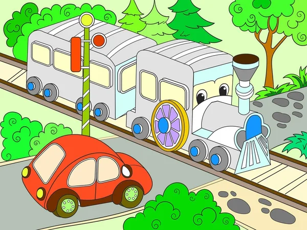 Treno del fumetto e auto per bambini illustrazione vettoriale a colori — Vettoriale Stock