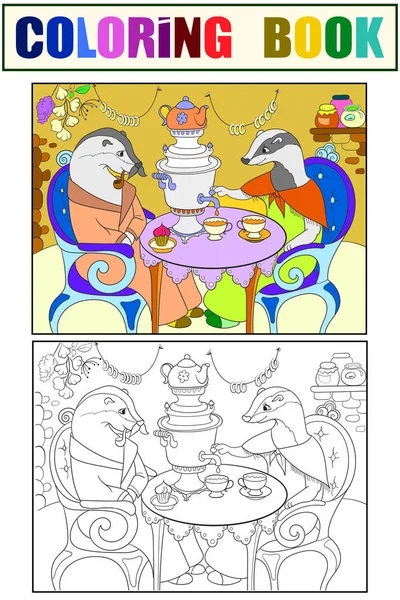 Familie van dassen in hun huis in de keuken boek kleurplaten voor kinderen cartoon vectorillustratie. Kleur, zwart-wit — Stockvector