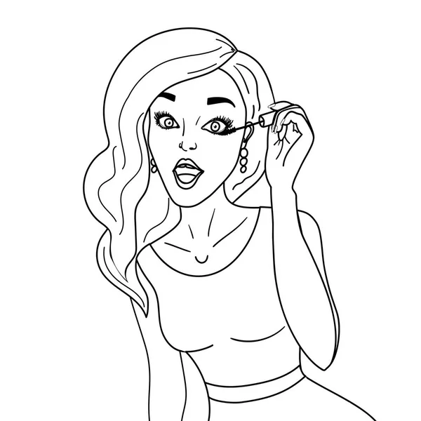 La fille peint les cils avec la bouche ouverte. Coloriage, fond blanc, vecteur lignes noires — Image vectorielle