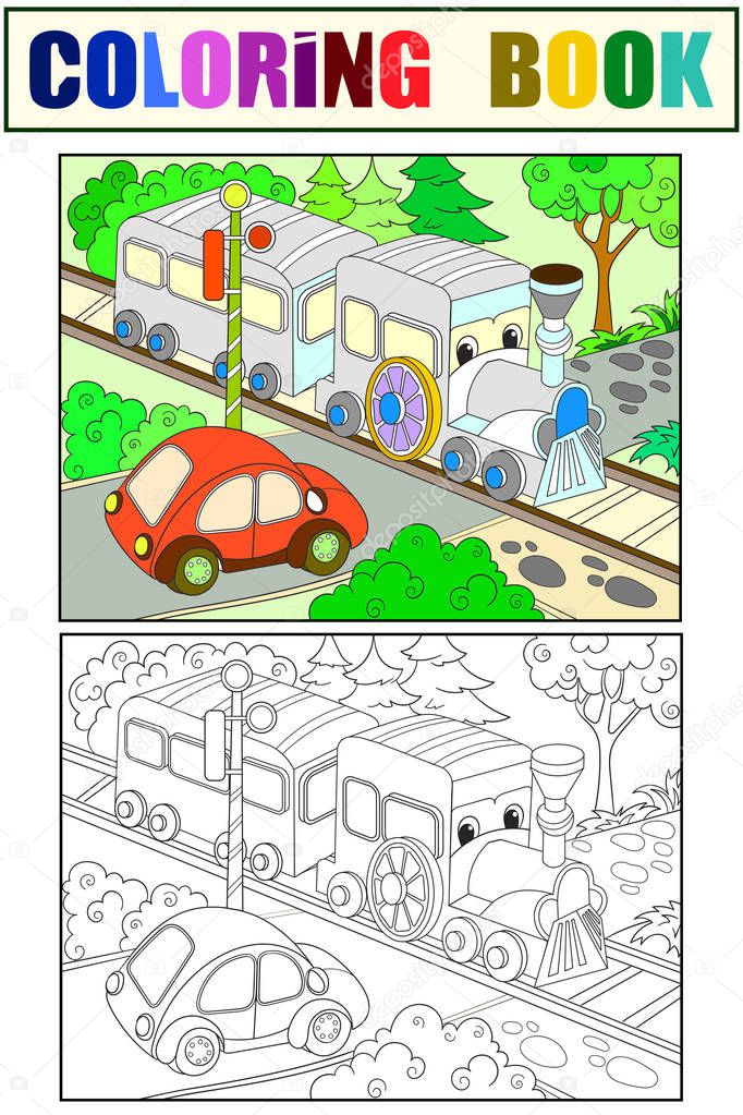 Cartoon train and car coloring, black and white book for children color vector illustration
