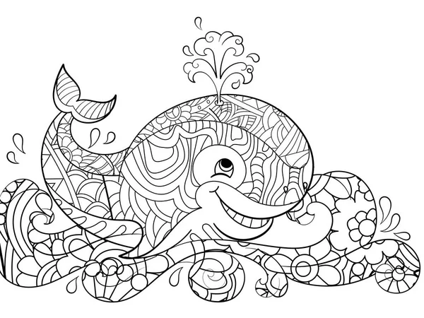 Coloriage anti-stress baleine sur les vagues. Grilles, lignes noires, motif, fond blanc. Gros poissons dans le vecteur d'eau — Image vectorielle