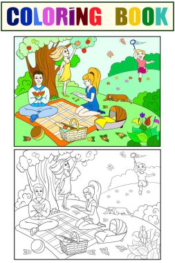 Piknik için vektör çocuk çizgi film boyama kitabı doğada. Renk, siyah ve beyaz