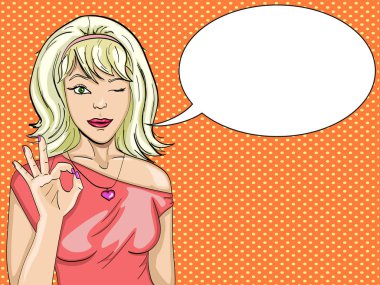 Retro bir kız bir şekilde parmakları ile gösterilmektedir. Tamam, iyi, mükemmel sembolü. Vektör çizim. Metin için bir kabarcık diyor.