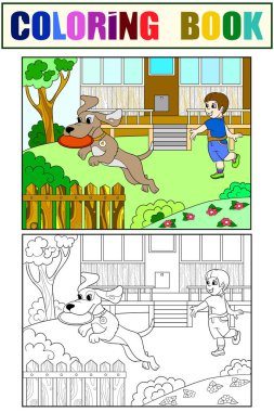 Bir çocuk boyama kitabı için çocuk karikatür vektör doğa bir frizbi köpek ile oynamak. Renk, siyah ve beyaz