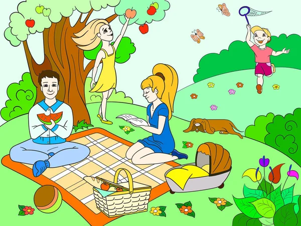 Picknick in der Natur Farbbuch für Kinder Cartoon-Vektor. — Stockvektor