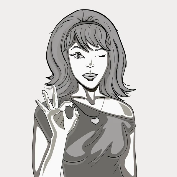 A retro girl shows a figure with her fingers. Symbol OK, good, excellent. Vector black and white pencil. Shades of gray — Stock Vector