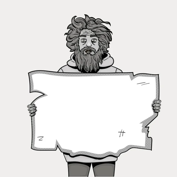 Homem sem-teto com papel sinal pop arte estilo ilustração. Imitação de estilo de livro cômico. Objeto lápis preto e branco. Tons de cinza — Vetor de Stock
