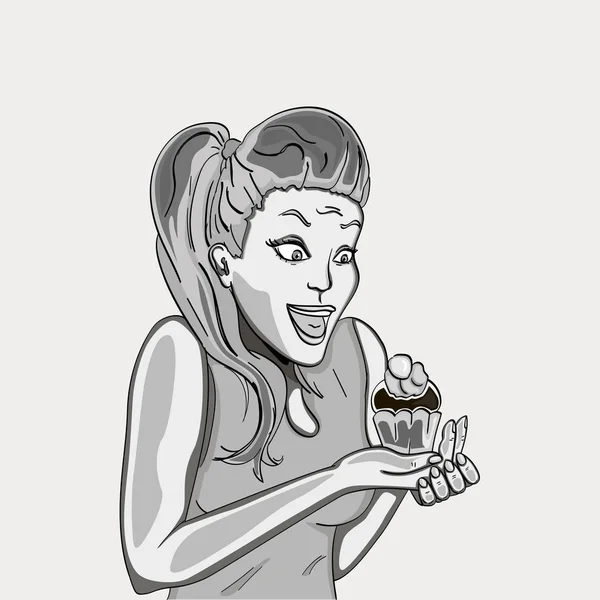 Retro dziewczyna jest zadowolona z ciasta. Trzyma w ręce. Emocji kobiety. Wektor. Odcienie szarości — Wektor stockowy