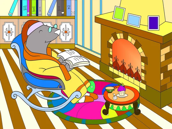 Grandpa Mole in his own house in the library dozens of color book for children cartoon vector illustration.
