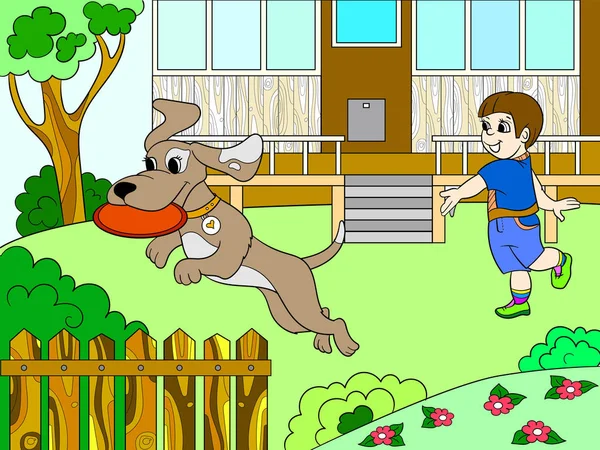 Spielen eines Jungen in der Natur mit einem Hund in Frisbee-Farbbuch für Kinder Cartoon-Vektor. — Stockvektor