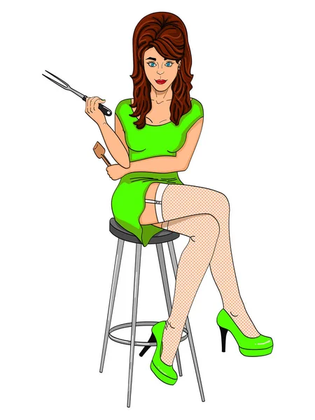 Sexy meisje cook. Poseren op een stoel. Benen gekruist. Stijl strips. Bezwaar op witte achtergrond. Vector — Stockvector
