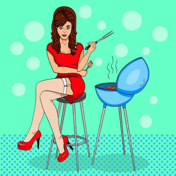 Pop Art. Belle fille cuisinière. Un style comique. Une femme est assise près du barbecue. Vecteur — Image vectorielle