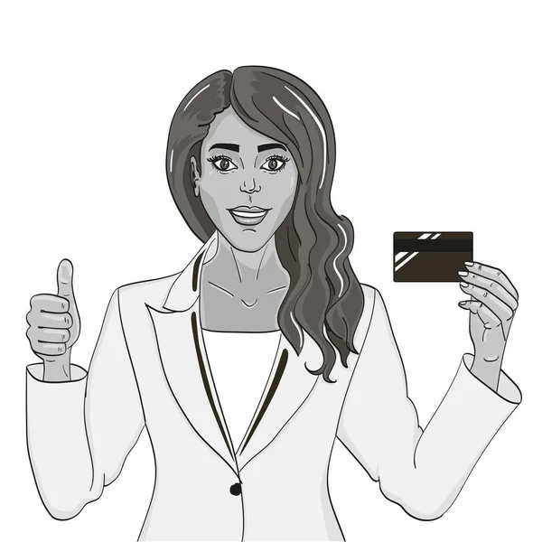 Banco de publicidad, finanzas. Hermosa chica con tarjeta de crédito. Tonos de gris, vector — Archivo Imágenes Vectoriales