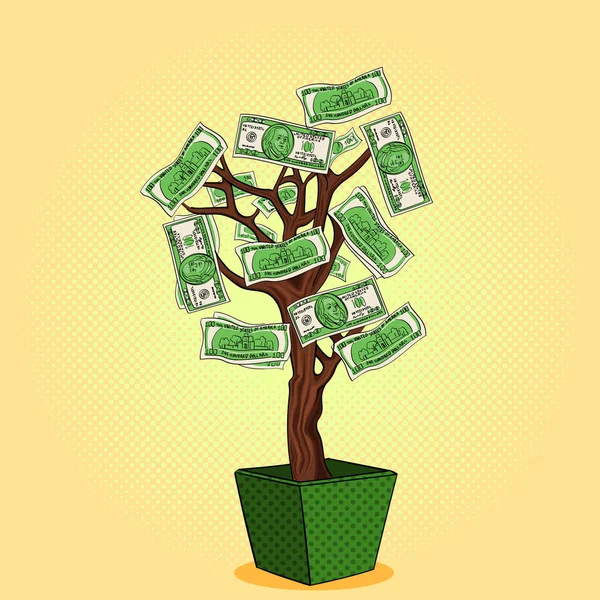 Pengar träd med 100 dollar. Valuta på anläggningen. Verksamhet växer. Pop art objekt vektor — Stock vektor