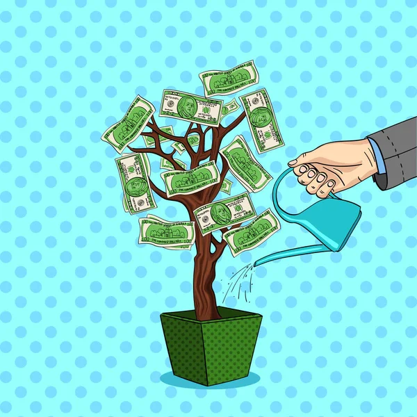 Stile fumetti vettoriale pop art. Una mano di uomo versa un albero di soldi con dollari verdi. Annaffiatoio con acqua . — Vettoriale Stock