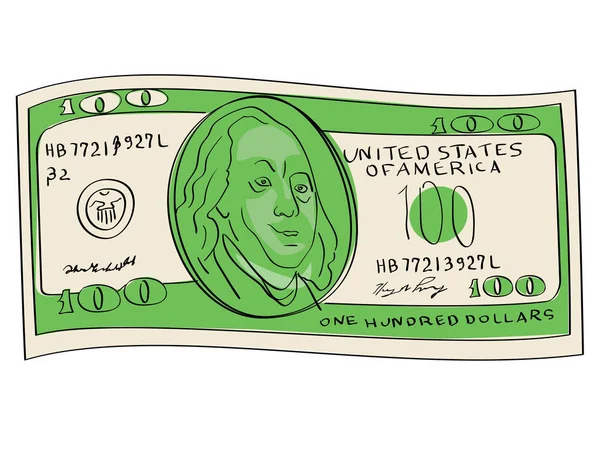 Um objecto de cem dólares num fundo branco. Cientista, publicitário e diplomata Benjamin Franklin — Vetor de Stock
