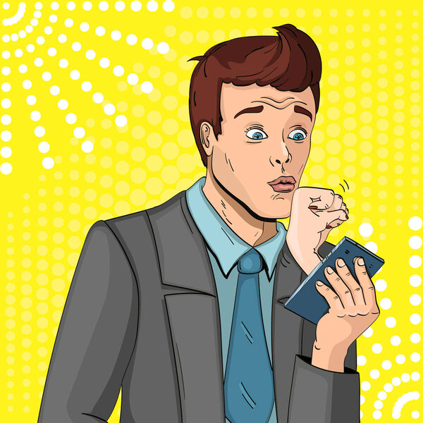 A man who is completely subordinate to his wife. Kisses the fist. Holds the phone. comic style vector illustration.