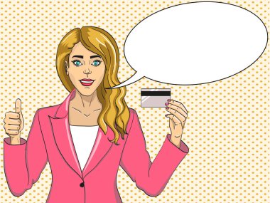 reklam banka. Retro bir kız ve bir banka kartı tutan bir sınıfı gösterir. Tarzı çizgi roman. Kadın. Vektör pop sanat