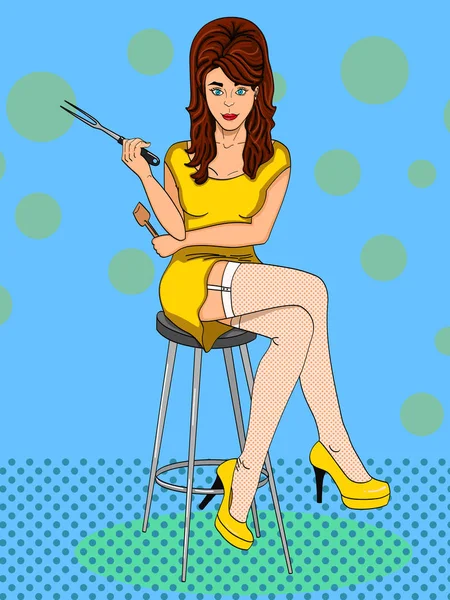 Sexy girl cook. Pose sur une chaise. Jambes croisées. BD de style. Vecteur du pop art . — Image vectorielle