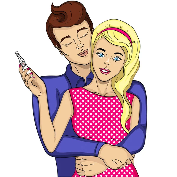 The girl is pregnant, the guy is happy. Future mother and father, parents. Object on a white background vector of pop art. — Stock Vector