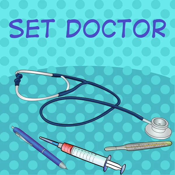 Pop art, çizgi roman tarzı. Tıbbi nesneleri kümesi. Stetoskop, kalem, Merkür termometre, aşı ya da ilaç şırınga. Vektör — Stok Vektör