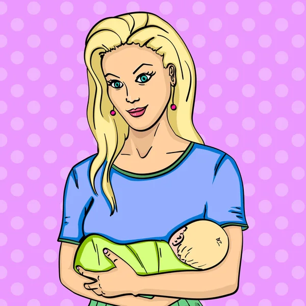 Madre joven con bebés lactantes. Sujeta sus manos. Bebé pop vector de arte — Vector de stock