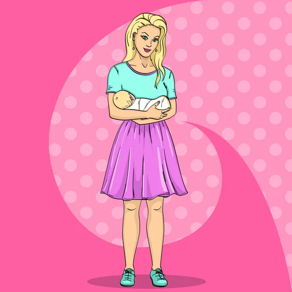 Young mother with nursing infants. Holds on his hands. Baby pop art vector — Stock Illustration Young mother with nursing infants. Holds on his hands. Baby pop art vector Stock Vector