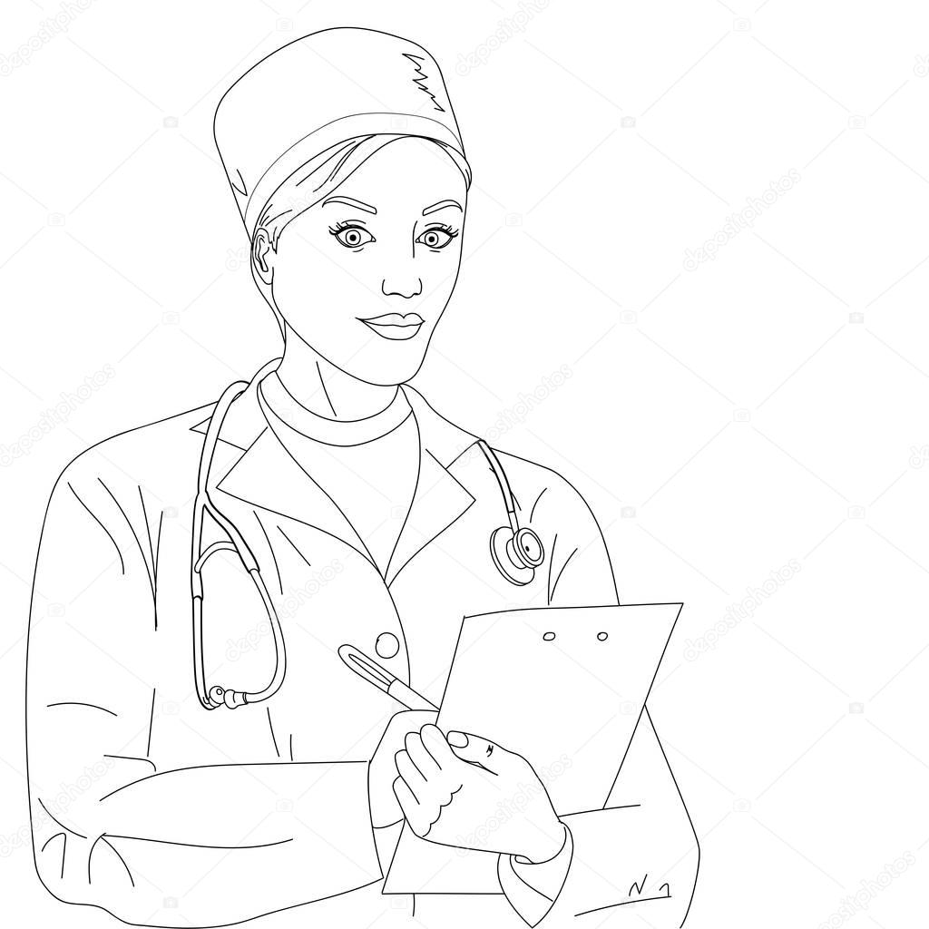 Woman doctor. A girl in a dressing gown and medical clothes. Vector coloring