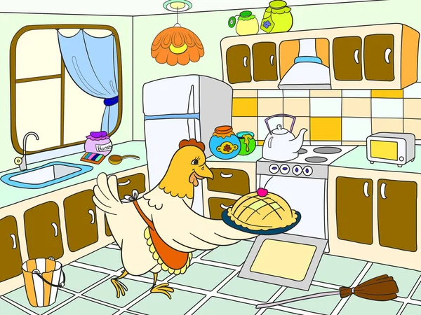 Kuře a maminka v kuchyni připravuje jídlo pro rodinné barevné knihy pro děti kreslené vektorové — Stockový vektor