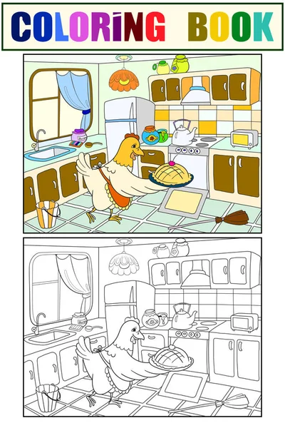 Мама курица на кухне готовит еду для семейной цветной книги для детей вектор мультфильма. Цвет, чёрный и белый — стоковый вектор