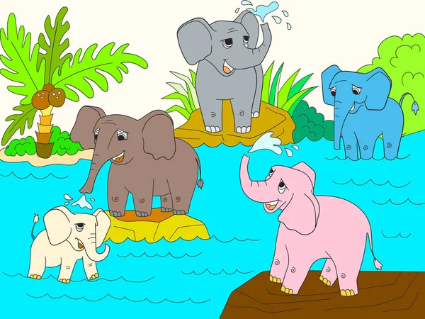 Familia de elefantes africanos libro de color para los niños vector de dibujos animados — Vector de stock