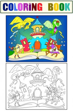 Renk peri masalı kavramı açık kitap illüstrasyon kötü ejderha, cesur savaşçı ve sihirli kale ile çocuklar. Boyama, siyah ve beyaz