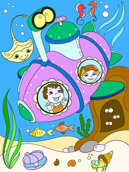 Kinderen verkennen van de onderwaterwereld in een onderzeeër kleurenpagina's voor kinderen cartoon vector — Stockvector