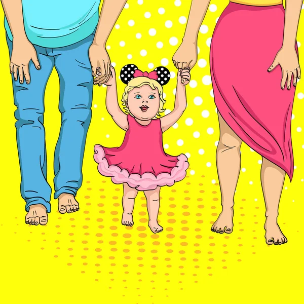 Los primeros pasos del niño. Apoyo a los padres. Una chica con un vestido, sosteniendo a mamá y papá por los brazos. Arte pop de Vetcor — Archivo Imágenes Vectoriales