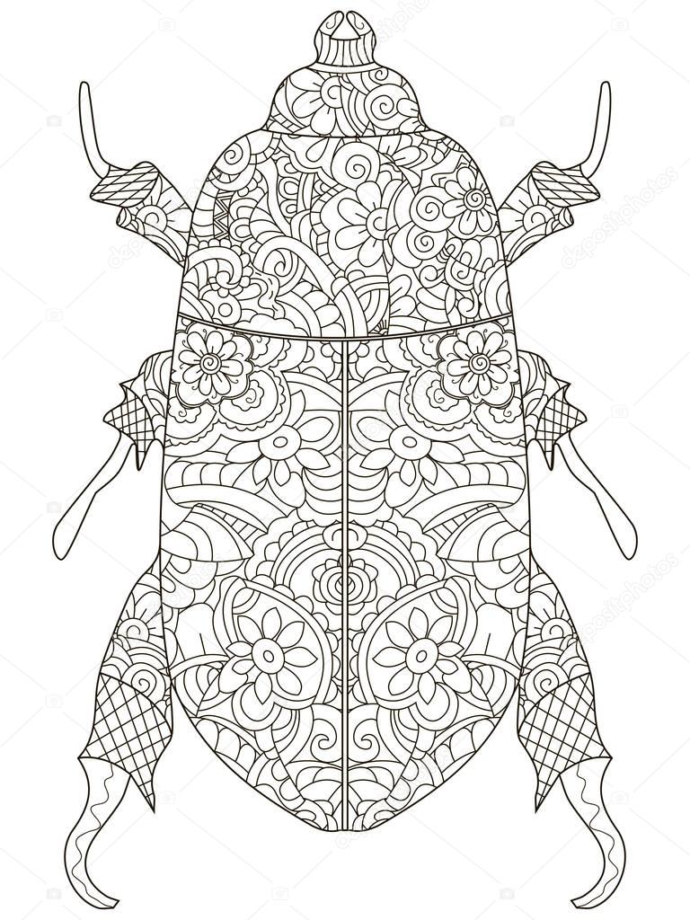 Darkling beetle. Anti Stress Coloring Book. Vector object Egyptian beetle. Black lines on a white background.