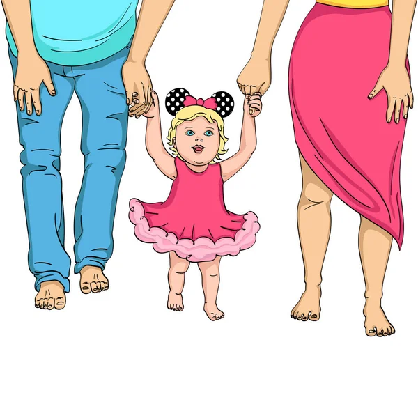 A gyermek első lépései. A szülők támogatását. Tárgy: a fehér háttér vektor illusztráció — Stock Vector