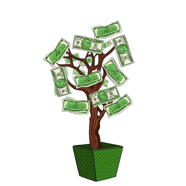 Pengar träd med 100 dollar. Valuta på anläggningen. Verksamhet växer. Objekt på vit bakgrund vektor — Stock vektor