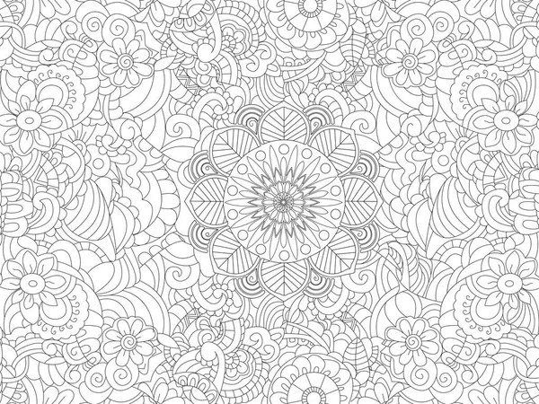 Antistress-Malbuch floralen Ornament auf dem ganzen Blatt. schwarze Linien, weißer Hintergrund. Vektor — Stockvektor